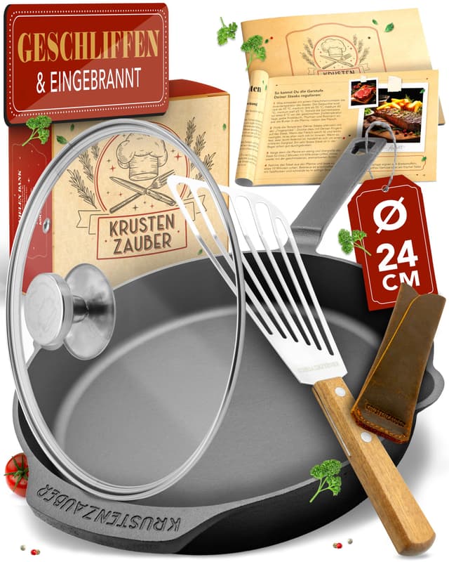 🍳 KRUSTENZAUBER Gusseisenpfanne Induktion 24cm inkl. Deckel und Pfannenwender 🍳