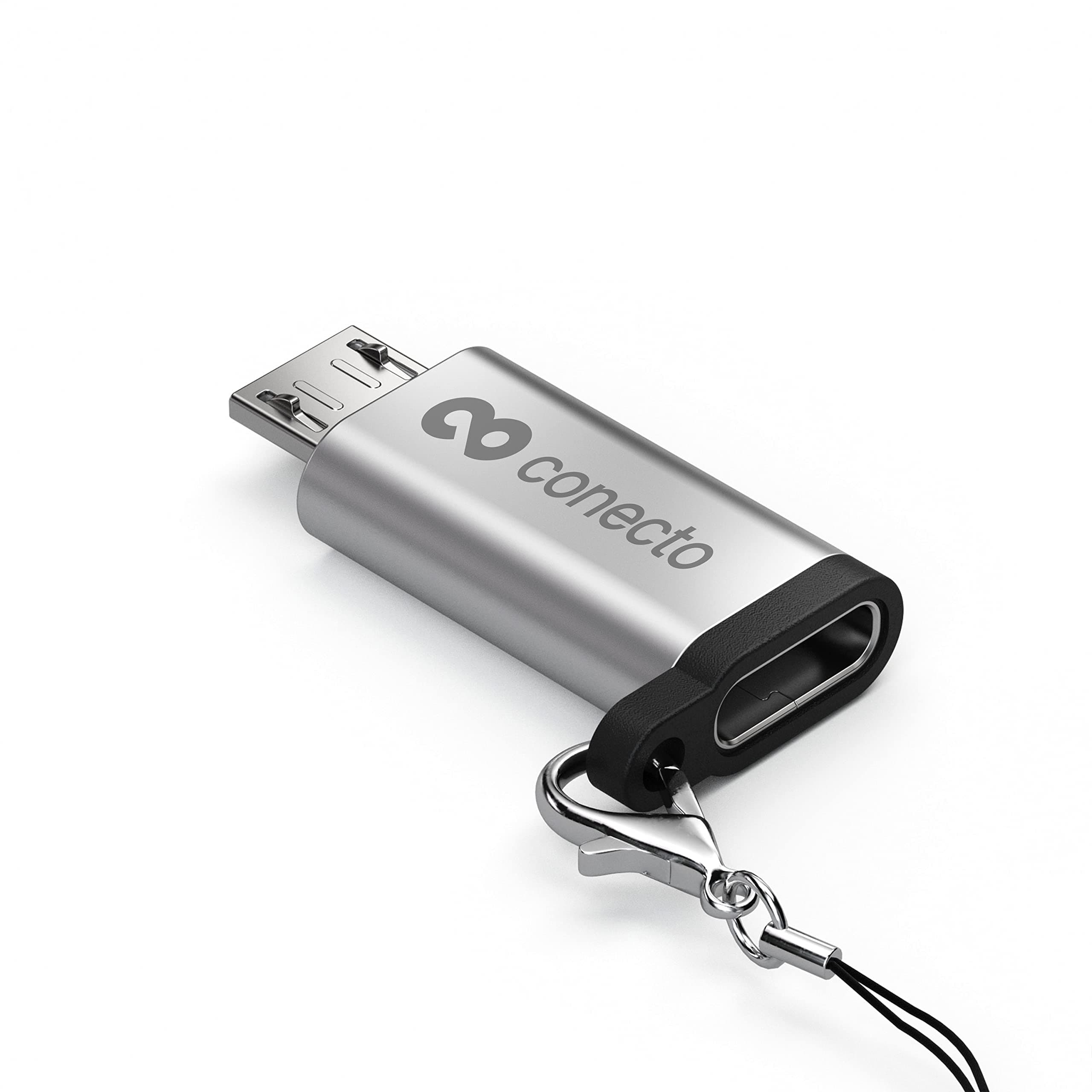 🔌📱 conecto Micro USB auf USB-C Adapter mit OTG Unterstützung und Schlaufe/Karabiner - Silber 1er