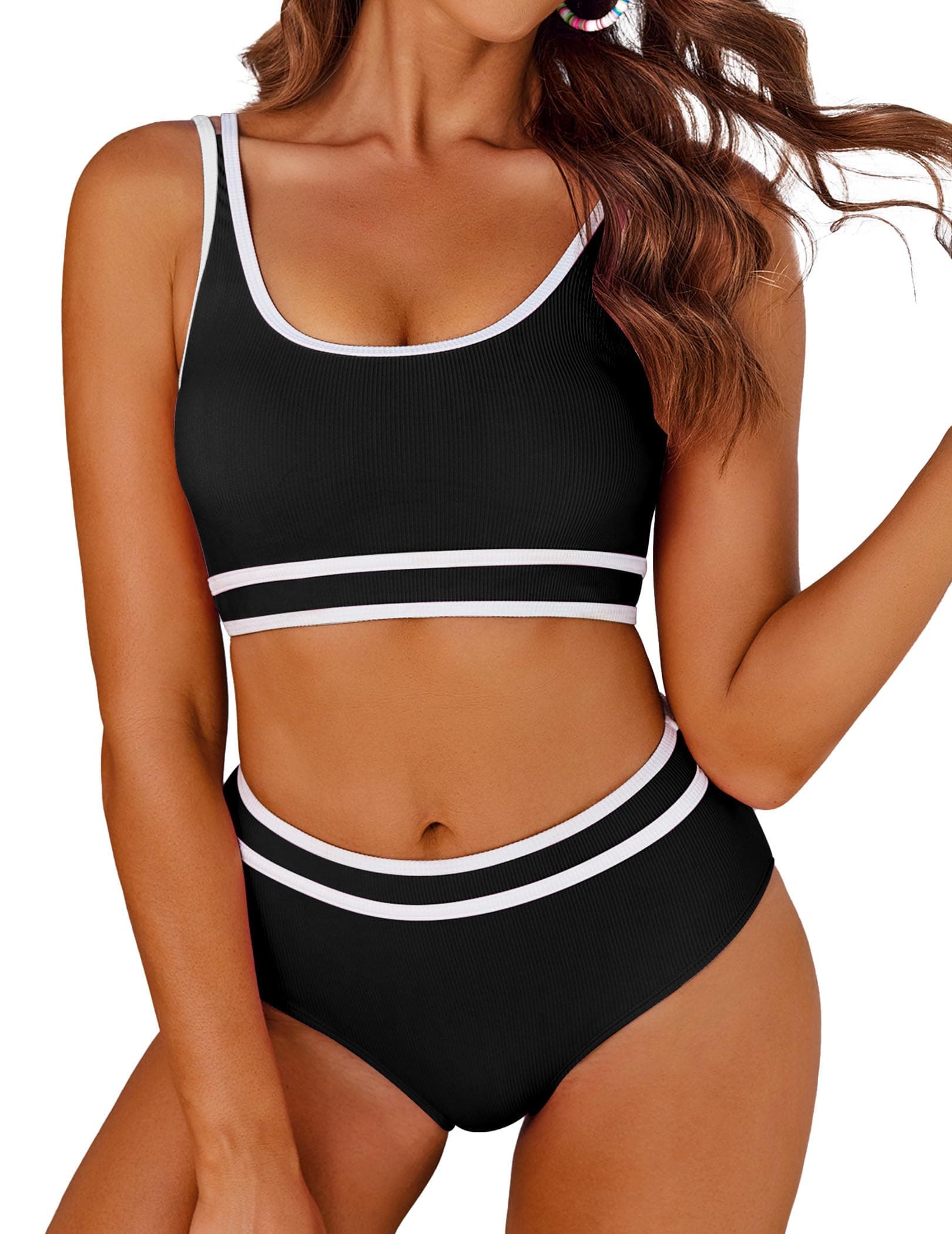 🌊 AI'MAGE Bikini Damen Set Badeanzug Bauchweg Sport Bikini-Sets High Waist Bademode Push Up Gerippt Schwarz 🌺
