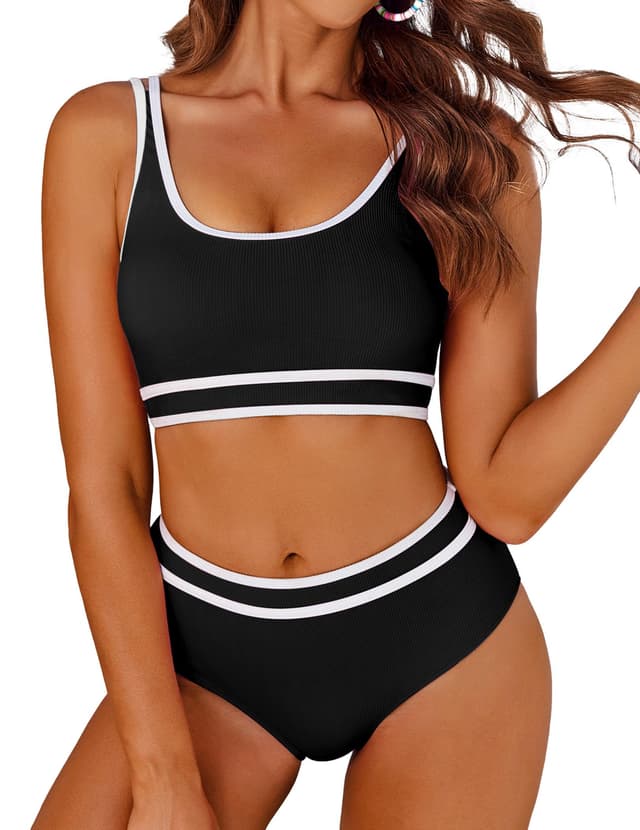 🌊 AI'MAGE Bikini Damen Set Badeanzug Bauchweg Sport Bikini-Sets High Waist Bademode Push Up Gerippt Schwarz 🌺