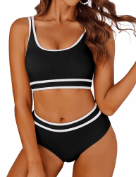 🌊 AI'MAGE Bikini Damen Set Badeanzug Bauchweg Sport Bikini-Sets High Waist Bademode Push Up Gerippt Schwarz 🌺