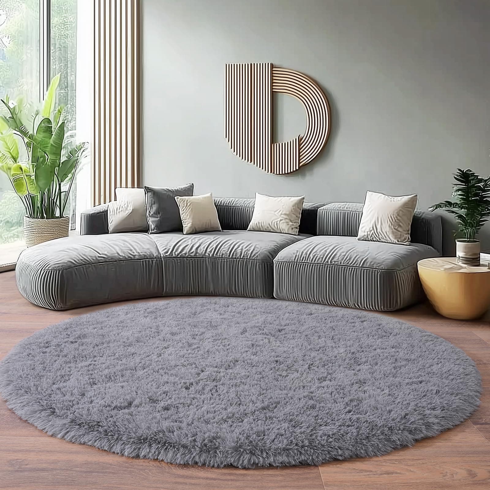 🌟 BSGIFT Flauschiger Hochflor Teppich Rund 160 cm Grau 🌈