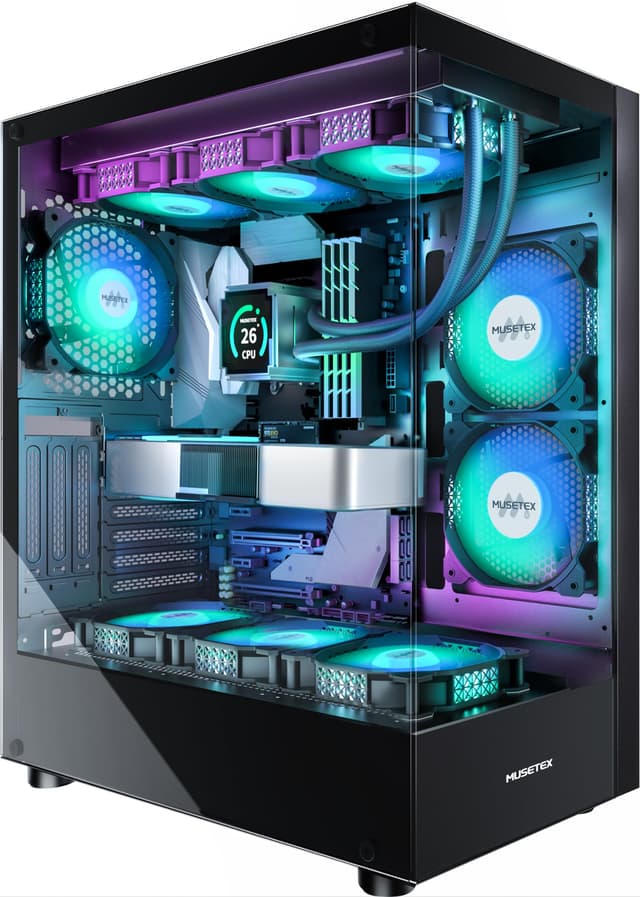 MUSETEX PC Gehäuse ATX Vorinstallation 6 PWM ARGB-Lüfter, Mid Tower ATX Computer Gehäuse mit Panoramadoppelglas, Type-C Gaming PC Gehäuse, Schwarz(K2) 🖥️🎮