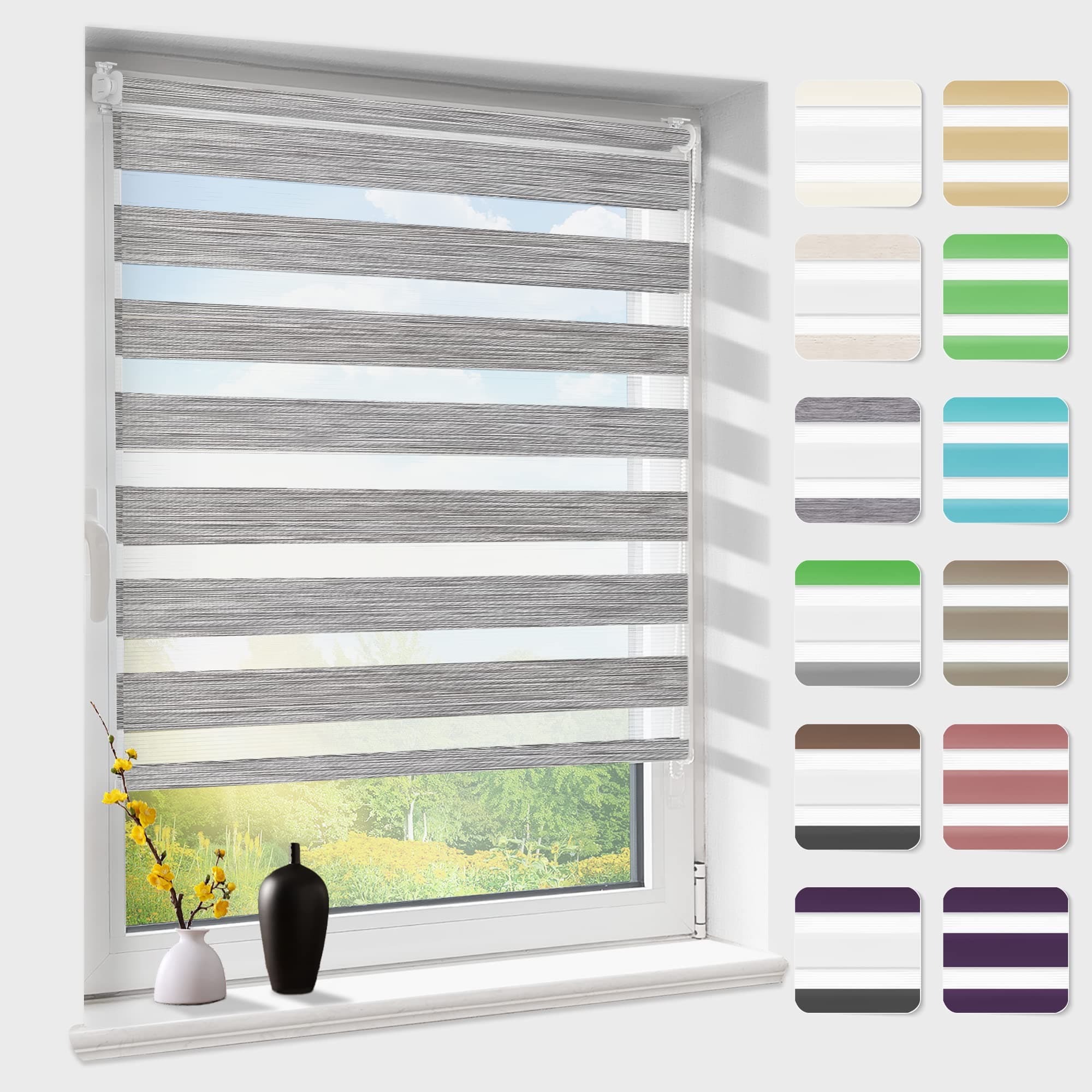 Doppelrollo Klemmfix ohne Bohren, Duo Rollos für Fenster & Tür, Dunkelgrau B75 x H200cm