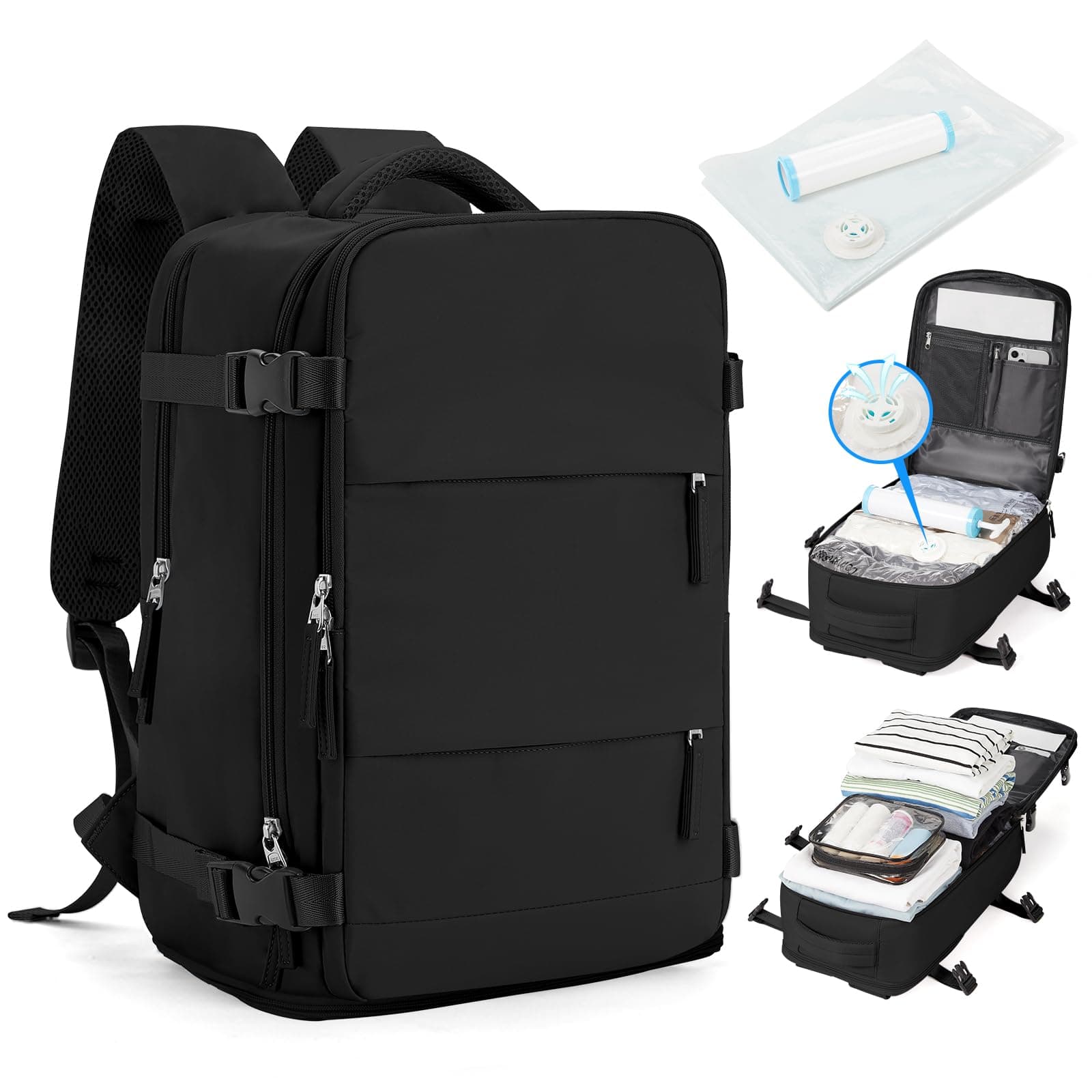 SZLX Vakuum Rucksack Handgepäck 40x20x25 für Ryanair Easyjet 45x36x20 Laptop Rucksack 14 Zoll Wasserdicht K1-schwarz