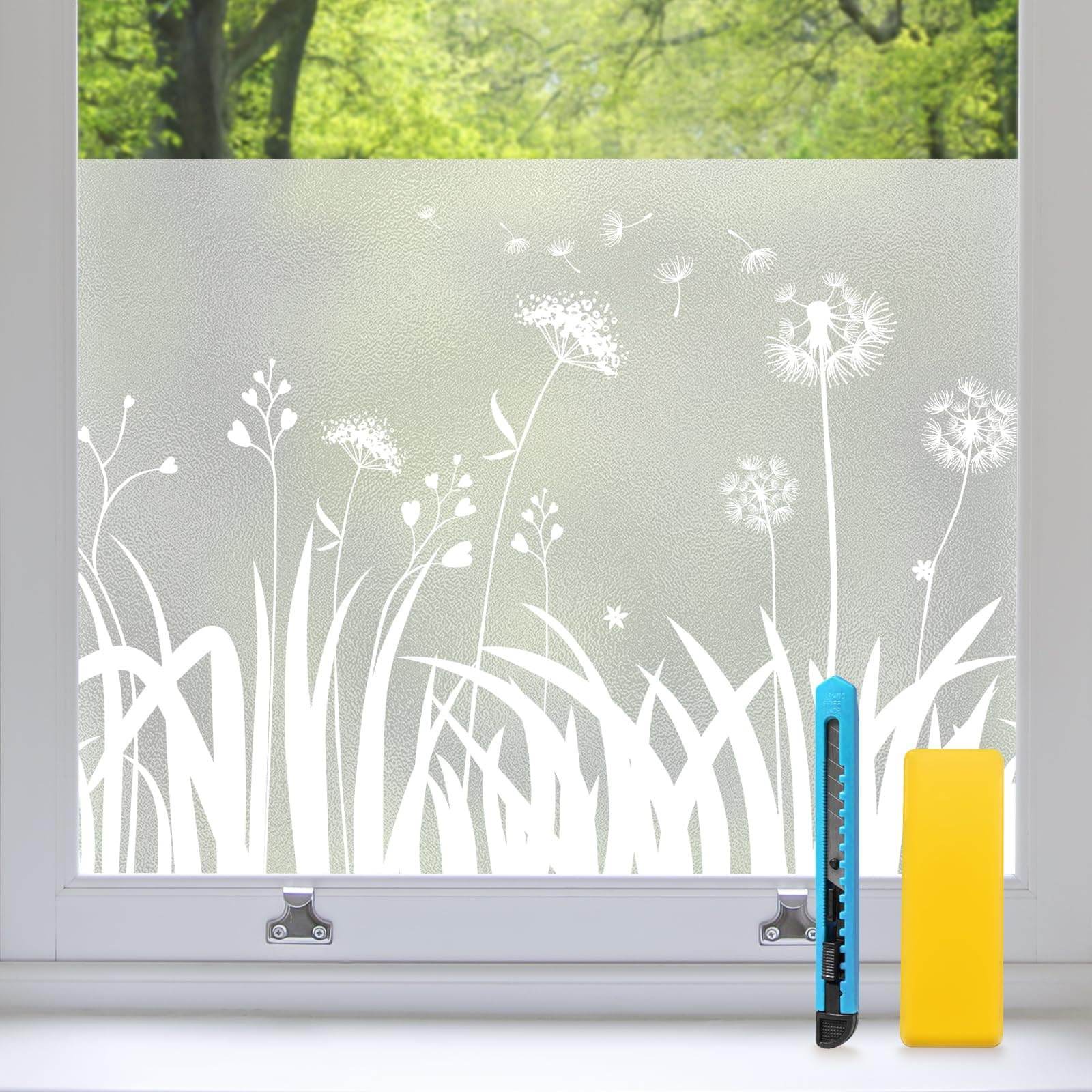 Zindoo Fensterfolie Blickdicht Löwenzahn Sichtschutzfolie Fenster Statische ohne Klebstoff Milchglasfolie Anti-UV Geeignet für Badezimmer, Büro Wohnzimmer, Umkleide 44.5 x 200 cm Löwenzahn 44.5 x 200cm 🌼🦋