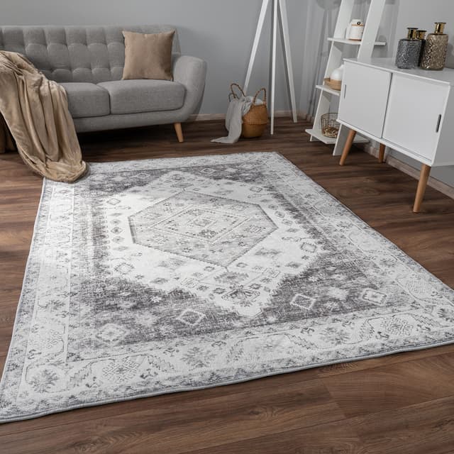 Paco Home Teppich Wohnzimmer Schlafzimmer Kurzflor Vintage Orientalisch Mandala Modern Bordüre Ornament 200x280cm Grau 2