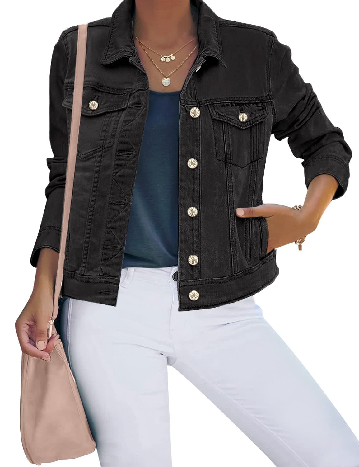 👖🧥 Roskiky Jeansjacken Damen Jean Stretchy Langarm Trucker Jacke mit Tasche M Vintage schwarz