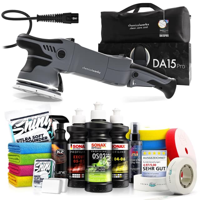 Poliermaschinen Set: Chemicalworkz DA15 Pro Exzenter Poliermaschine + Sonax Politur Set + Royal Pads Premium Polierpads + Dr. Wack Versiegelung für Lack + Zubehör | 20-teilig Sonax ALL-INCLUSIVE 🥇