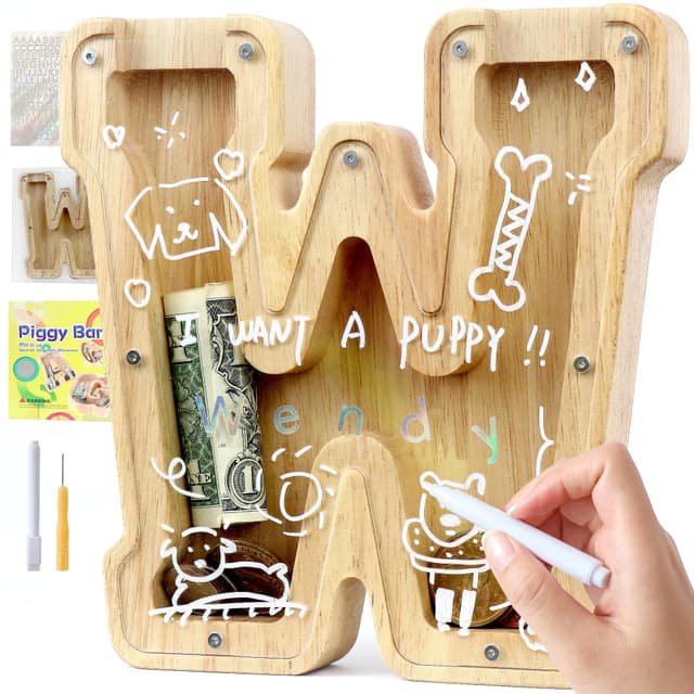 🐷 Lakpopya Spardose für Kinder Jungen Mädchen 🎁 Sparschwein Personalisiert aus Holz A-Z mit Zubehör & Marker