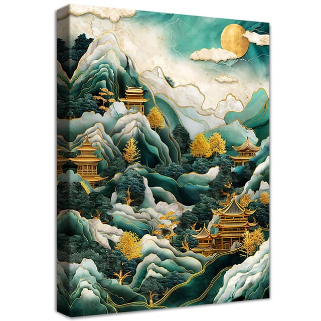 🎨 Weiße Marmorwolke Grüne Berge Leinwand Bilder Mit Rahmen - Goldene Lofts und Bäume Wandkunst 40x60cm