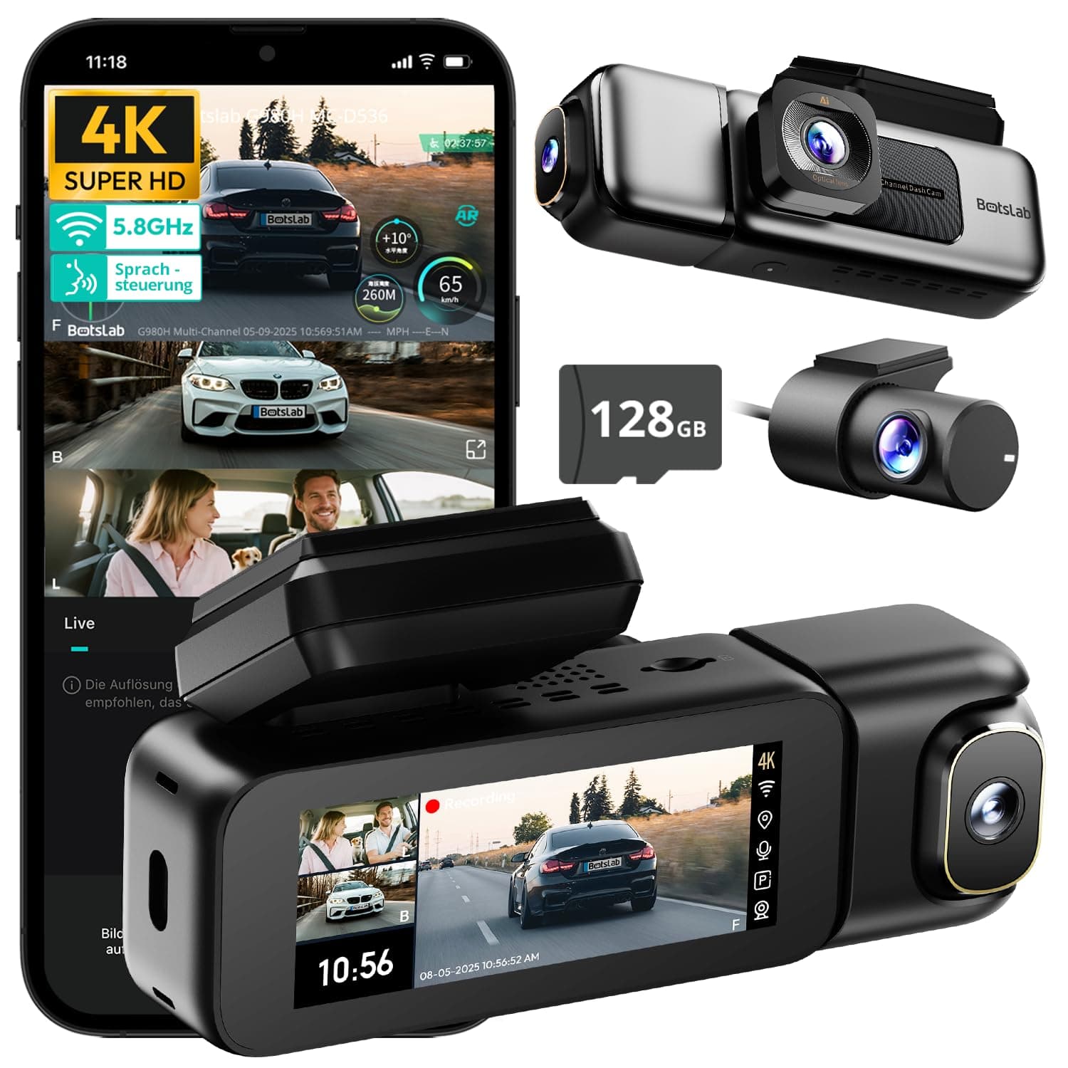 BOTSLAB 4K 3 Kanal Dashcam Auto Vorne Hinten Innen