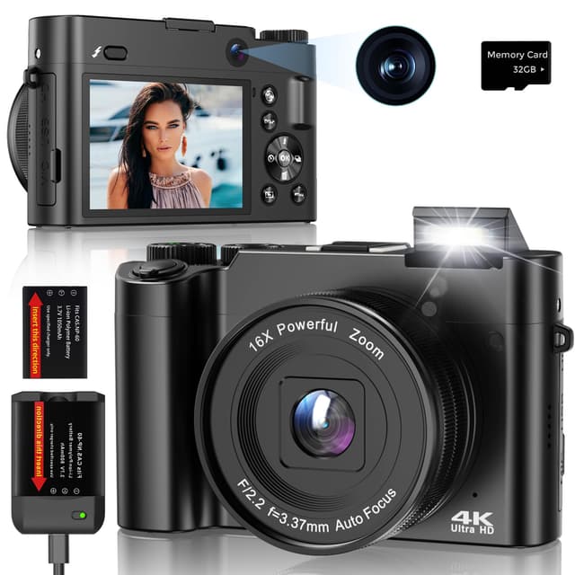 Digitalkamera Fotokamera Vlogging Kamera 64MP 4K mit Front und Rückobjektiv, 16X Zoom, 3" IPS‑Bildschirm, 32GB Karte, Webcam & Vlog‑Funktion Perfekte Kompakte Kamera Fotokamera für Teens, Einsteiger dark black