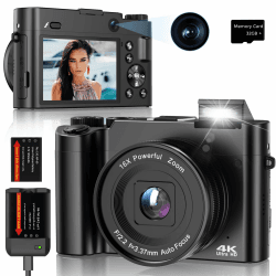 Digitalkamera Fotokamera Vlogging Kamera 64MP 4K mit Front und Rückobjektiv, 16X Zoom, 3" IPS‑Bildschirm, 32GB Karte, Webcam & Vlog‑Funktion Perfekte Kompakte Kamera Fotokamera für Teens, Einsteiger dark black