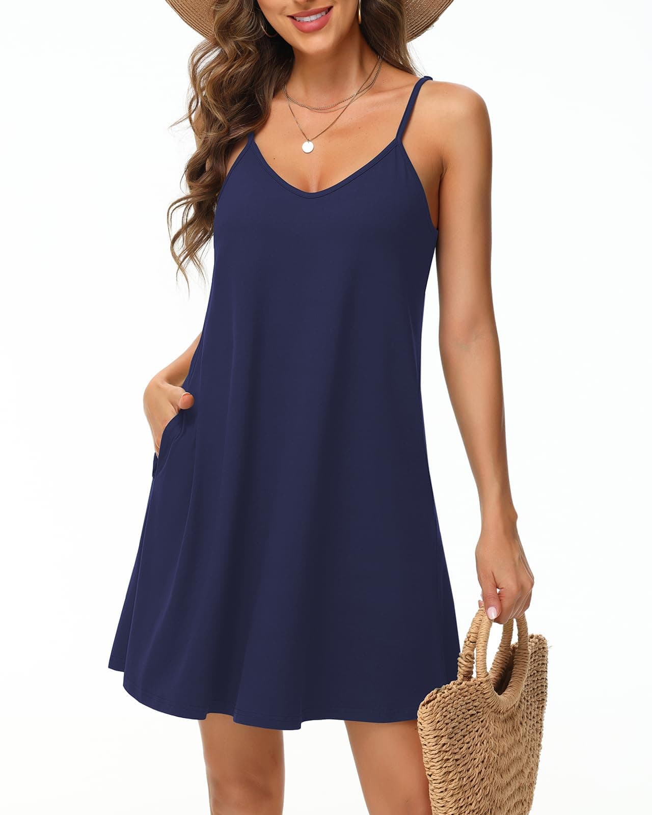 👗 Tanmolo Damen Sommer Kleid Kurz Strandkleid Spaghettiträger Freizeitkleid XS Marineblau 👗