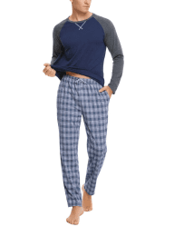 Litherday Schlafanzug Herren Lang Kariert Pyjamas Set mit Rundhals Nachtwäsche aus Baumwolle Winter Pyjama Zweiteiliger mit Taschen Sleepwear für Frühling Herbst M Stil1-marine