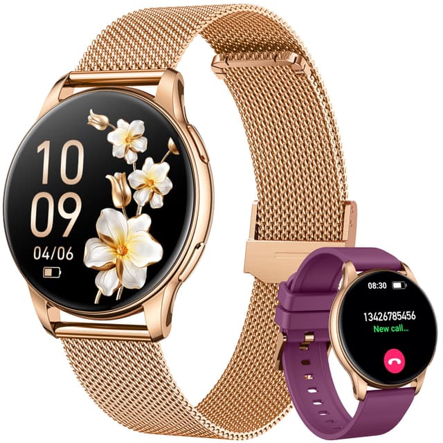 Smartwatch Damen mit Telefonfunktion Fitnessuhr Armbanduhr: 1,32" AMOLED Smart Watch mit Pulsmesser Schlafüberwachung Kalorienzähler Sportuhr IP68 Wasserdicht Fitness Tracker Uhr für iOS und Android Gold