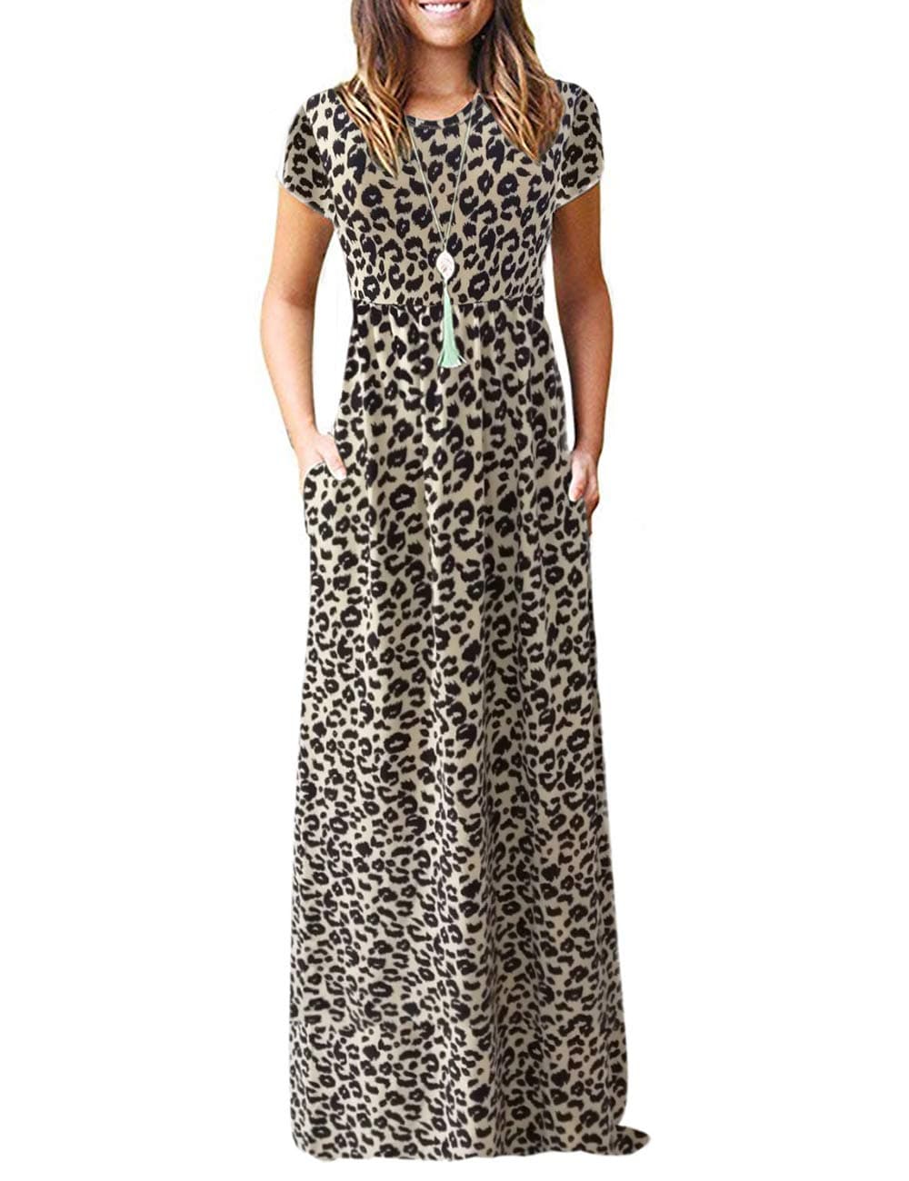 👗 AUSELILY Damen Kurzarm Sommer Casual Long Maxi Kleider mit Taschen Leopard S