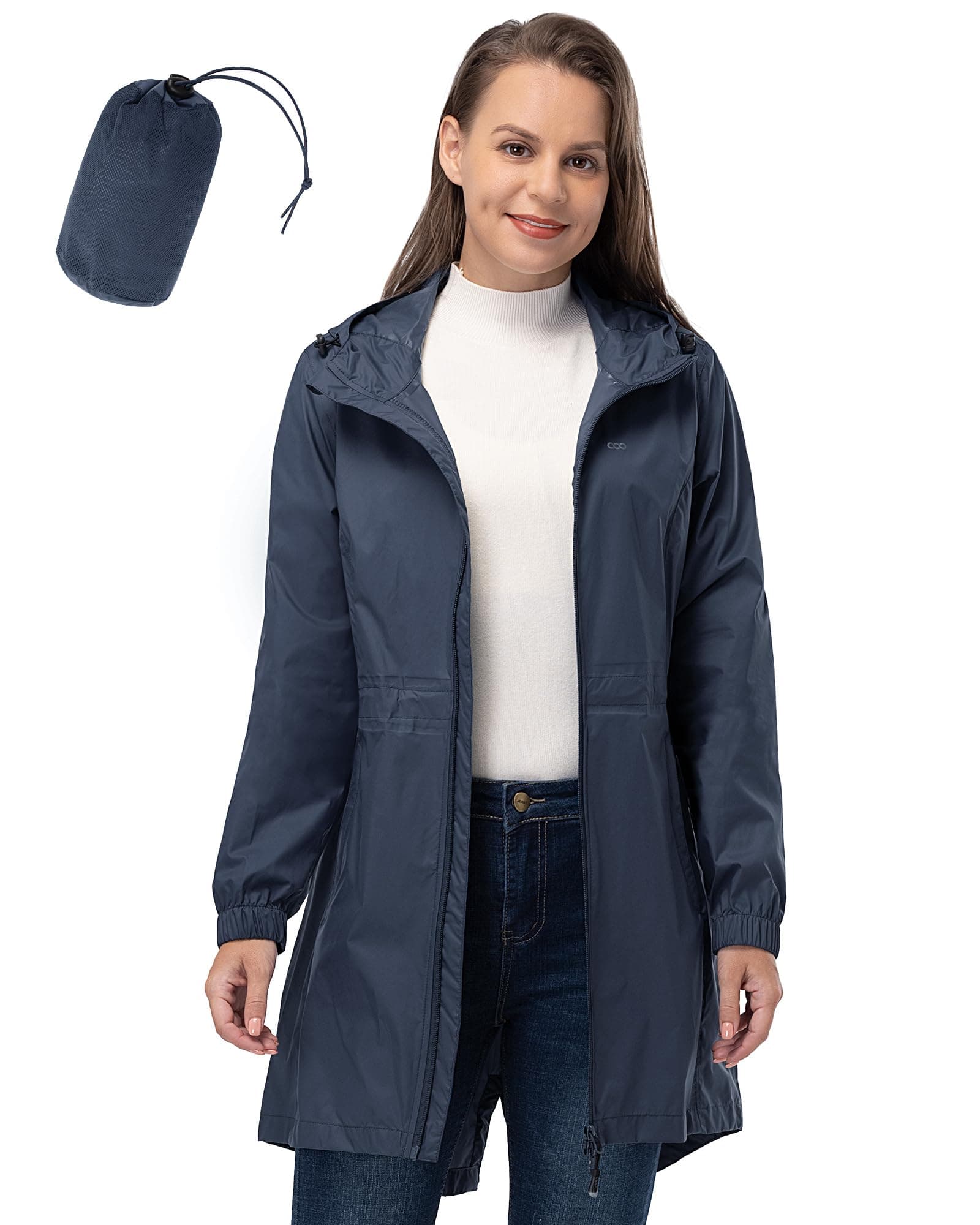33,000ft Damen Dünne Wasserdichte Faltbar Regenmantel Regenjacke mit Kapuze, Leicht Atmungsaktive Travel Regenponcho, Lange Windbreaker Jacke für Frauen L Dunkel Graublau