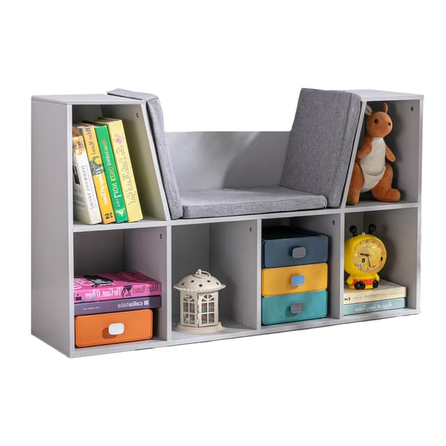 📚🪑 HOMCOM Kinderregal Bücherregal mit Sitzhocker Kindersitzbank mit 6 Fächern Sitztruhe mit 3 Kissen Spielzeugkiste ab 3 Jahren Grau 103 x 30 x 62 cm - Angebot!