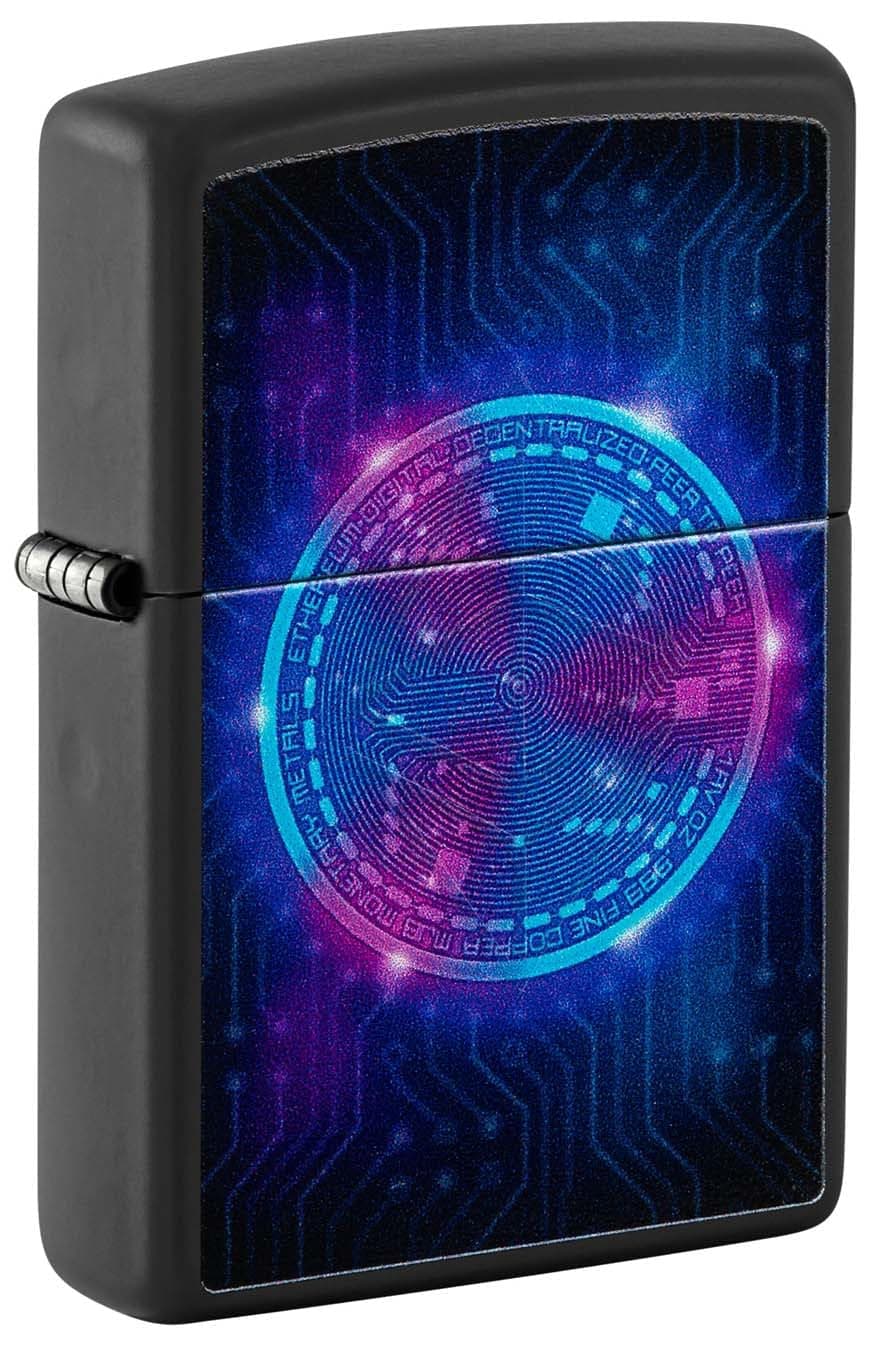 🔥ZIPPO – Ethereum Design – Schwarzmatte Farbe Bild Schwarz Matt Schwarz Licht – Sturmfeuerzeug🔥