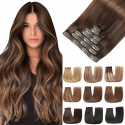 EINbeauty Clip In Extensions Echthaar 7Stücke 120g 60cm Extensions Echthaar Gerade Echthaar Extensions Dunkelbraun mit Chestnut Braun Extensions Clip In（24Zoll，2/2/6#）