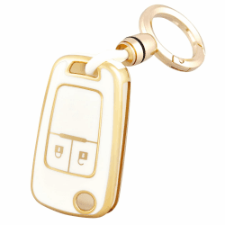 🔑 OFF WE GO Autoschlüssel Hülle Schlüssel Hülle Schlüsselhülle Cover für Opel Astra j Zafira Chevrolet Aveo Matiz Cruze Captiva Spark Orlando Trax Schlüsselcover mit Schlüsselanhänger, Weiß Gold