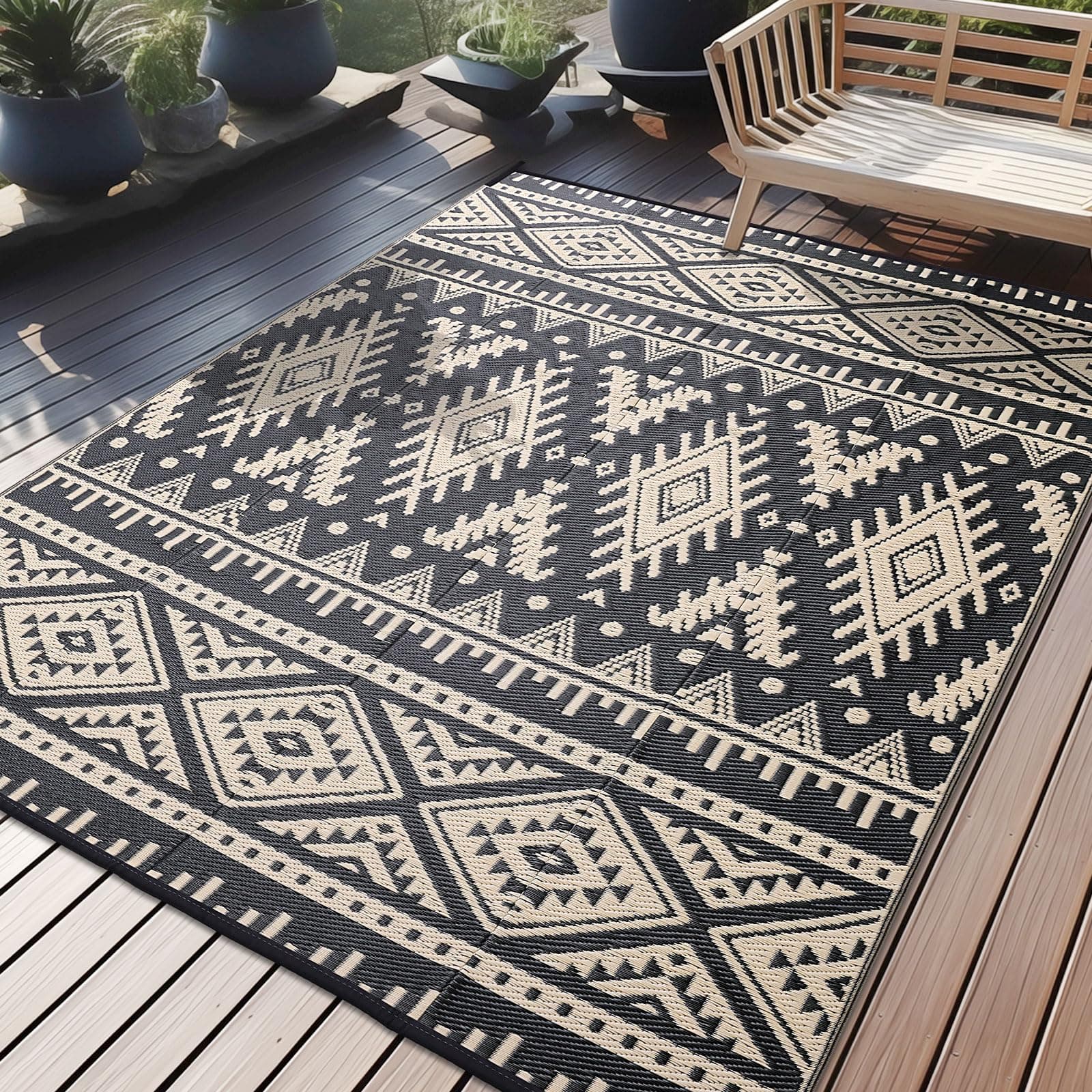 Homaxy Outdoor Teppich Wetterfest Schwarz & Beige 🌞🏞️