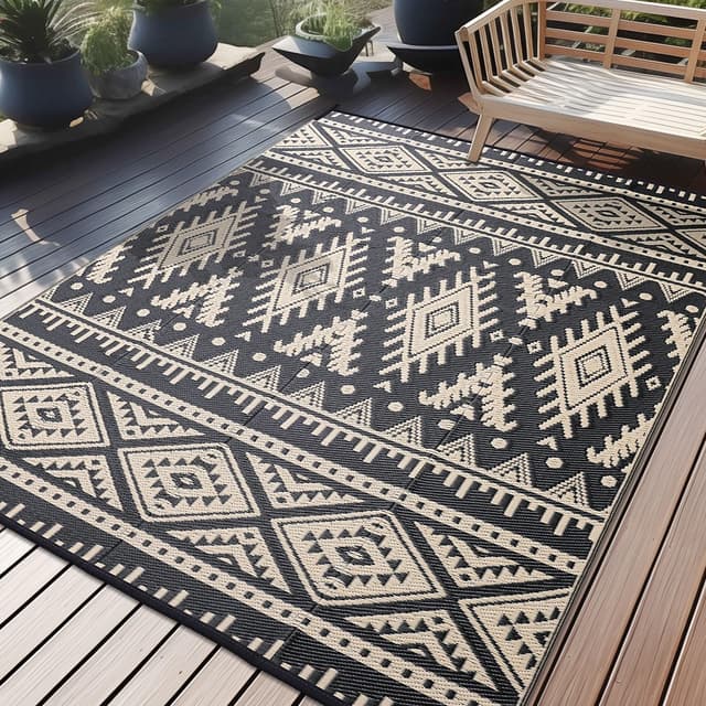 Homaxy Outdoor Teppich Wetterfest Schwarz & Beige 🌞🏞️
