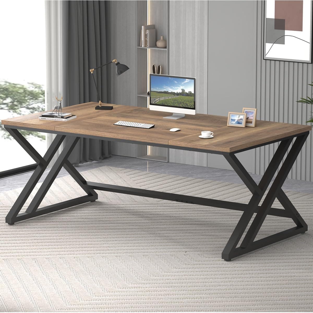 🌟 LVB Großer Schreibtisch für Home Office 🖥️ Bürotisch Holz Metall 180x80cm 🎮 Officetisch Rustikale Eiche
