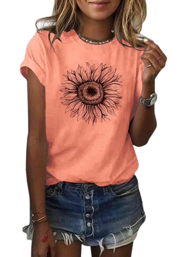 Cicy Bell Damen Sonnenblumen T-Shirt 🌻🌞 Sommer Kurzarm Niedlich Grafik Lose Tops M Orange