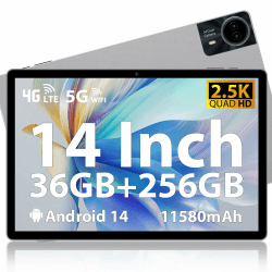 MAXLEGEN 2025 Neueste Android 14 Tablet, 14" 2.5K Touch Display, 36GB RAM+256GB ROM 1TB TF SIM Tablet, 4G LTE+5G WiFi, Octa-Core, 4 Lautsprecher, 13MP, 11580mAh, GMS, GPS, inkl. Pen/Hülle/Kopfhörer Silber 🚀📱🔥