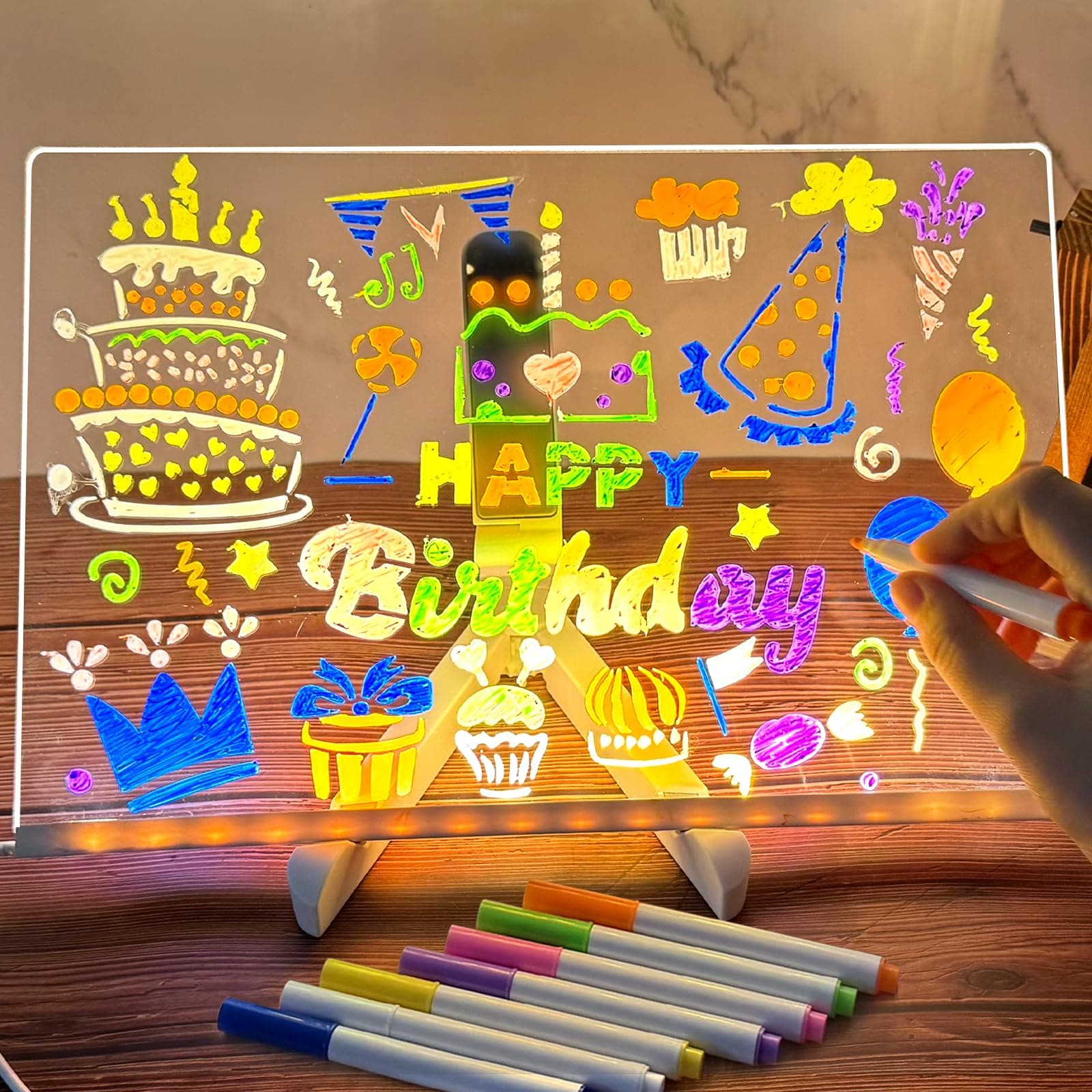 LED Notiztafel mit Farben und Stift - Verstellbarer Ständer, Transparente Leuchtende Schreibtafel