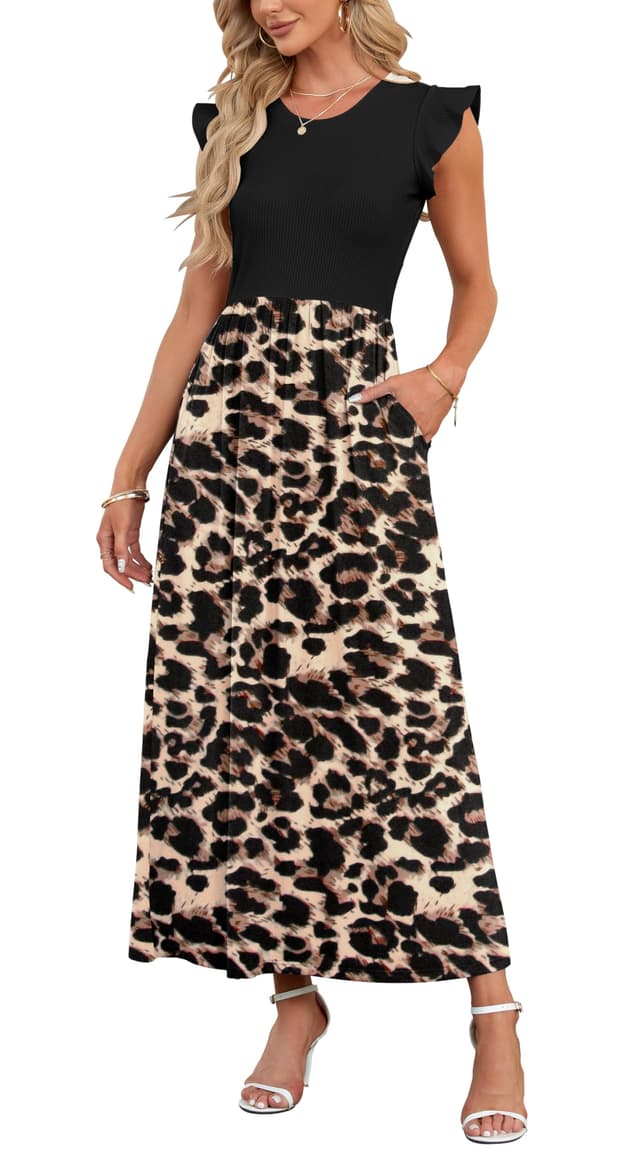 👗 AUSELILY Damen Sommer Rundhalsausschnitt Maxi Kleid mit Taschen Kurzarm und Rüschen Lässiges Hohe Taille Langes Lockeres Bodenlanger Rock M Schwarzer Leopardenmuster