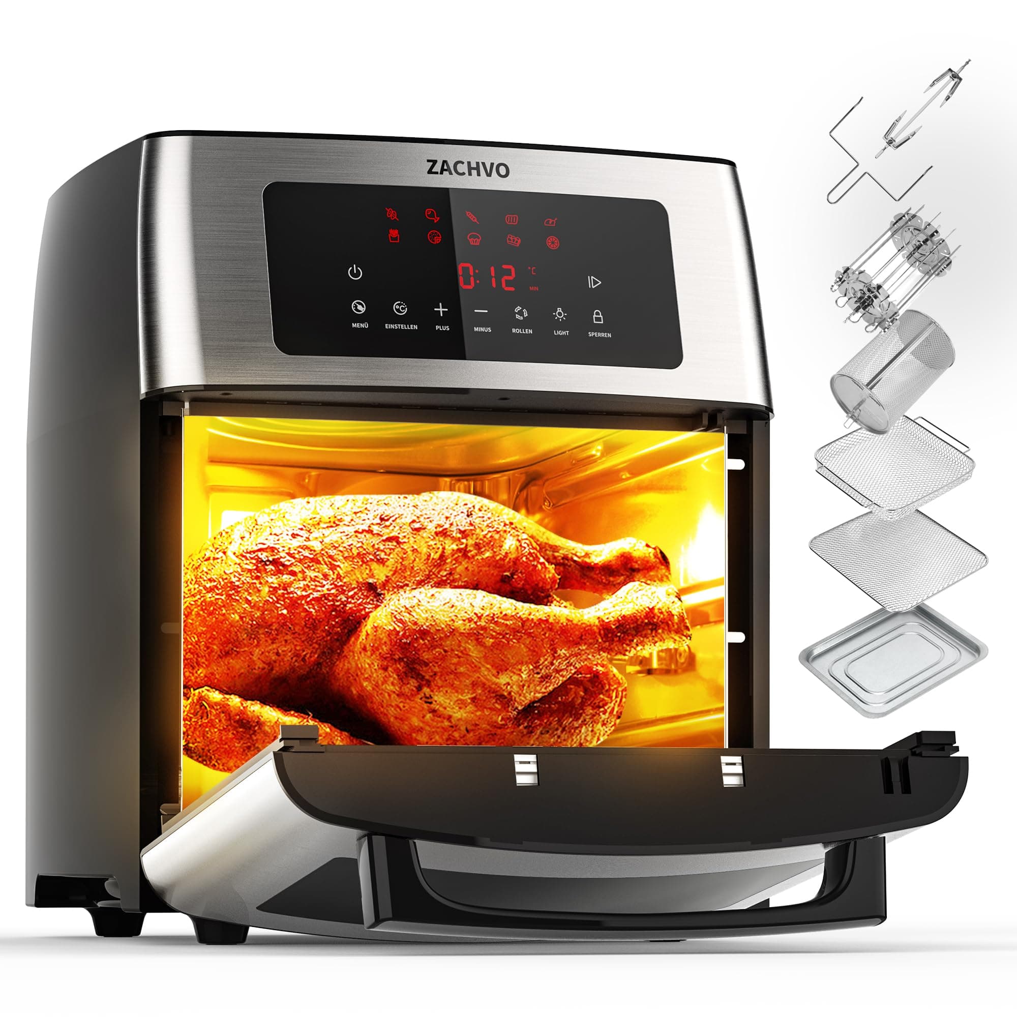 ZACHVO Heißluftfritteuse XXXL 15L 1700W - 10 Programme - Touchdisplay - Drehgrill - Dehydrator