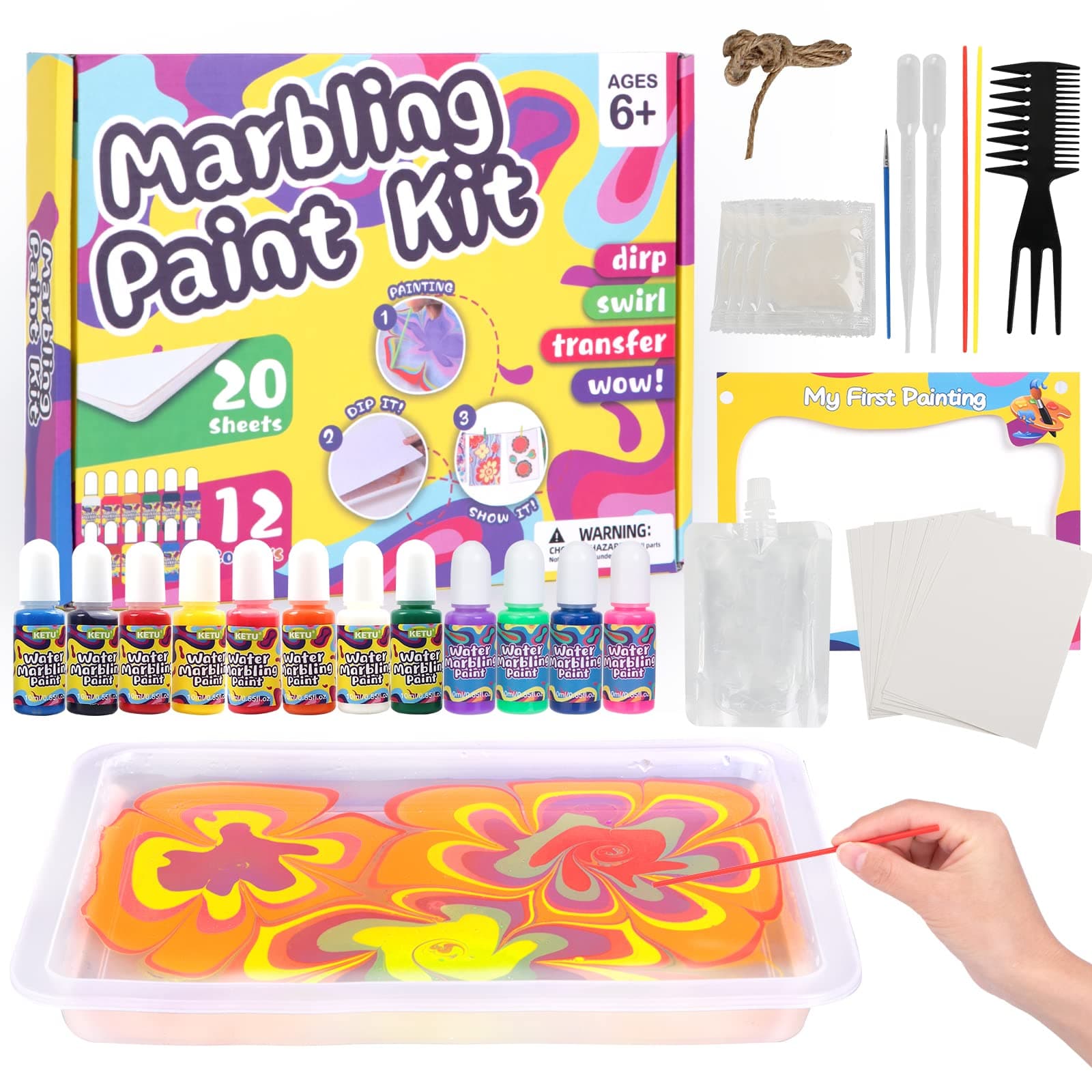 🎨 Yellcetoy Marmorierfarbe Bastelset für Kinder 12 Farben Wasser Malset