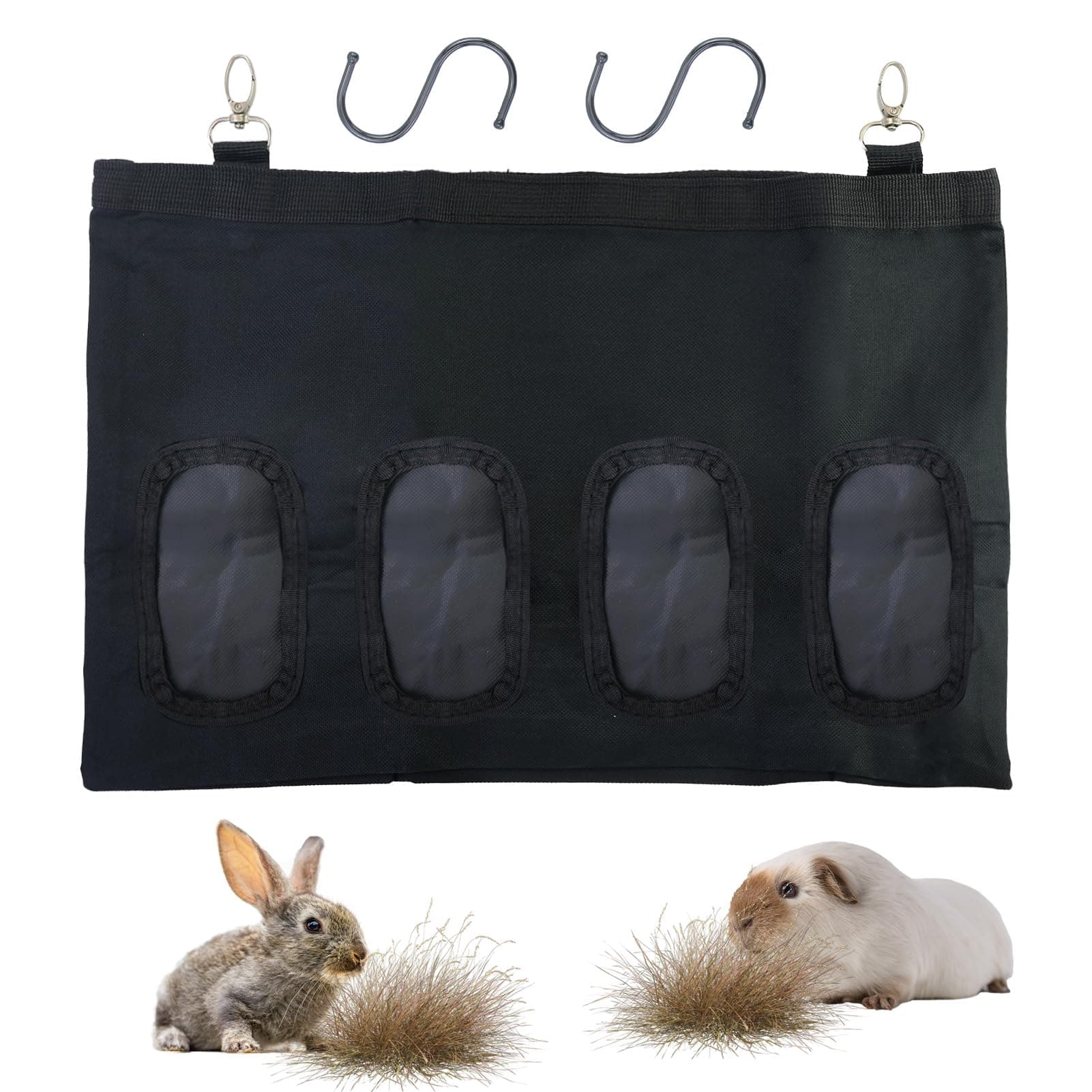 🐰🌾 Kaninchen Heutasche mit 4 Fenster - Schwarz - 2 Stück S-Haken inklusive