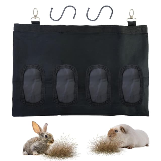 🐰🌾 Kaninchen Heutasche mit 4 Fenster - Schwarz - 2 Stück S-Haken inklusive