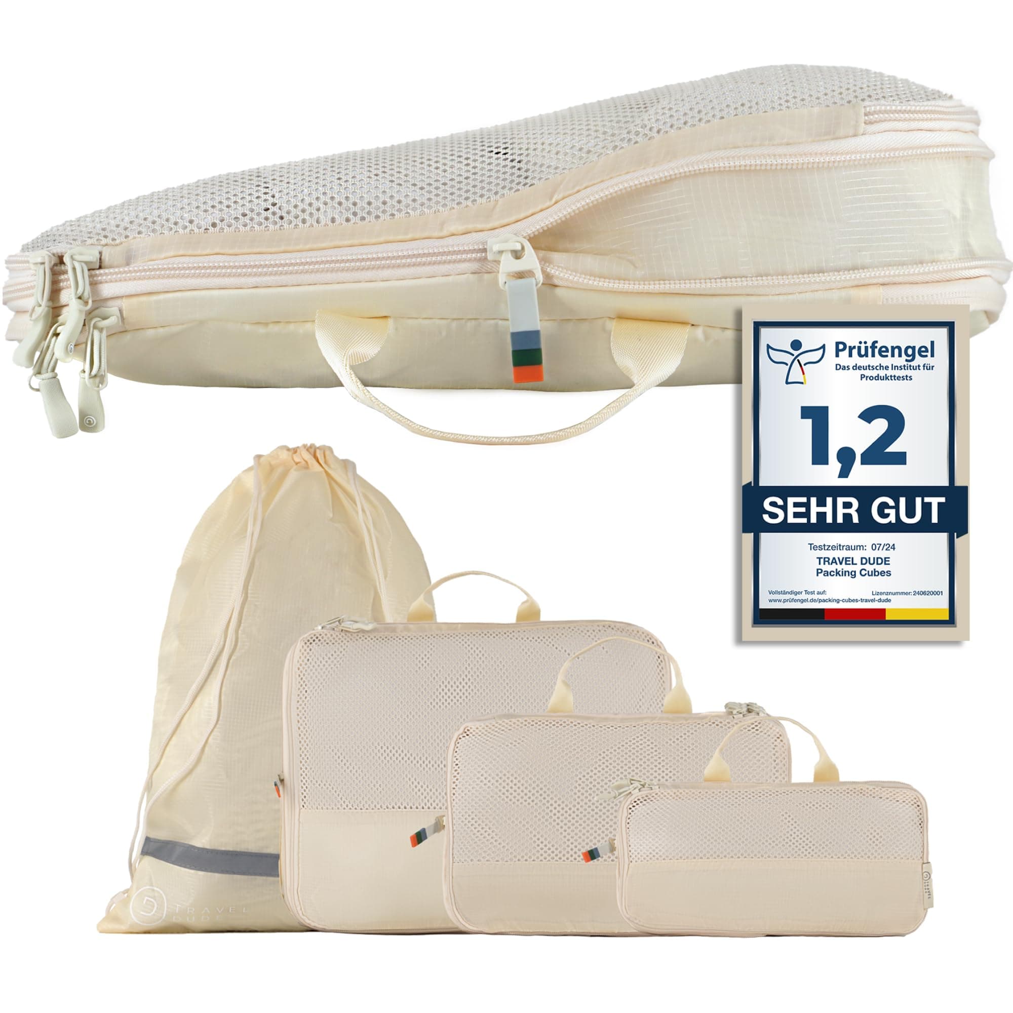 TRAVEL DUDE Packwürfel Set mit Kompression aus recycelten Plastikflaschen 🌍 | Leichte Packing Cubes | Packtaschen Set für Rucksack & Koffer Sand Beige 7-teiliges Set