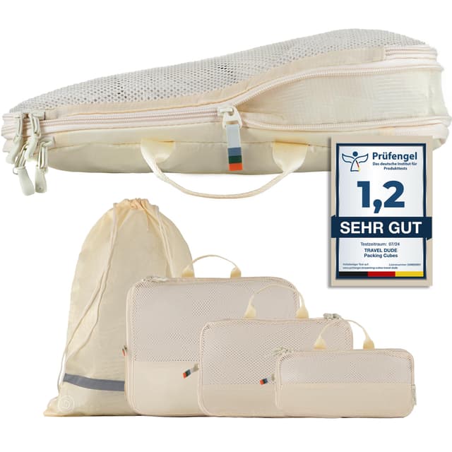 TRAVEL DUDE Packwürfel Set mit Kompression aus recycelten Plastikflaschen 🌍 | Leichte Packing Cubes | Packtaschen Set für Rucksack & Koffer Sand Beige 7-teiliges Set