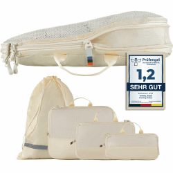 TRAVEL DUDE Packwürfel Set mit Kompression aus recycelten Plastikflaschen 🌍 | Leichte Packing Cubes | Packtaschen Set für Rucksack & Koffer Sand Beige 7-teiliges Set