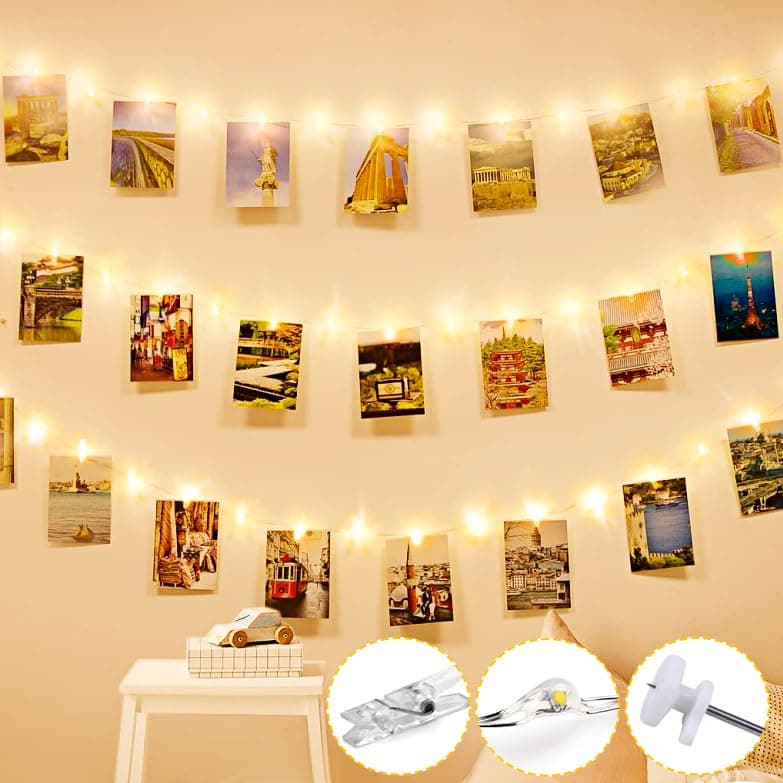 Liyade Fotowand für Zimmer Deko 📸 LED Fotoclips Lichterkette 🌟 3M 30LED Lichterkette mit 15 Klammern