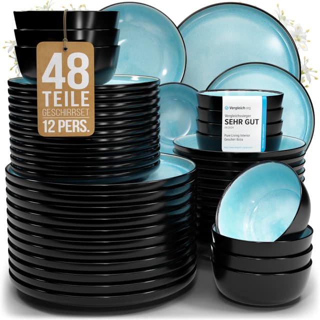Steingut Geschirrset 12 Personen Ibiza 48 tlg. | Traumhaftes Mediterranes Steingut Geschirr Set 🍽️