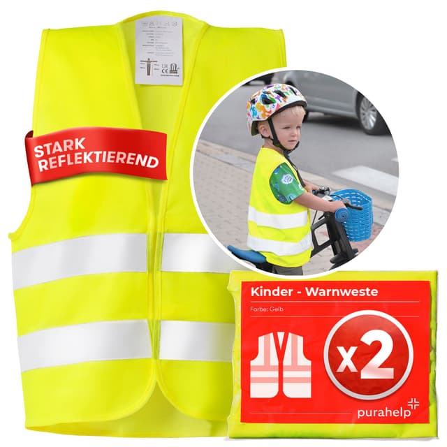 🌟PURAHILFE Warnweste Kinder (5-12 Jahre) Sicherheitsweste (2 Stück) - Reflektierende Warnweste Gelb