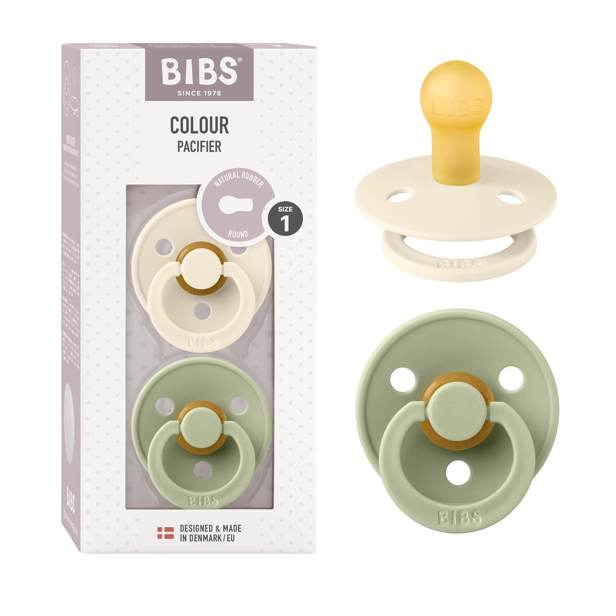 🌈🍼 BIBS Colour Schnuller 2er-Pack, BPA-frei, Kirschform Nippel. Größe 1 | 0+ Monate | 2-Pack, Ivory/Sage