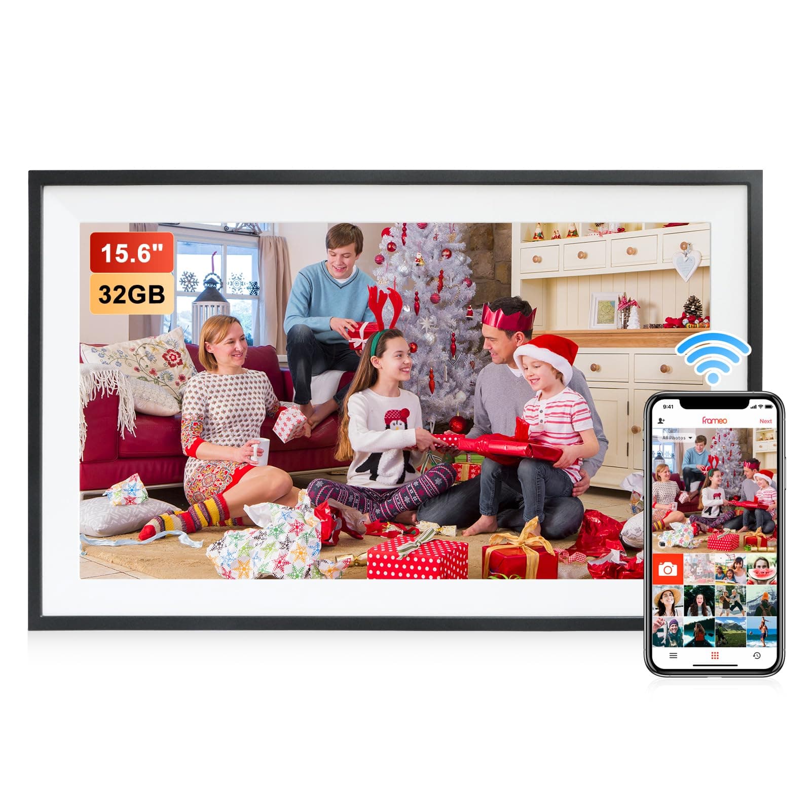 📸🖼️ Frameo Digitaler Bilderrahmen 15,6 Zoll WLAN, 1920x1080 FHD IPS Touchscreen Smart Fotorahmen