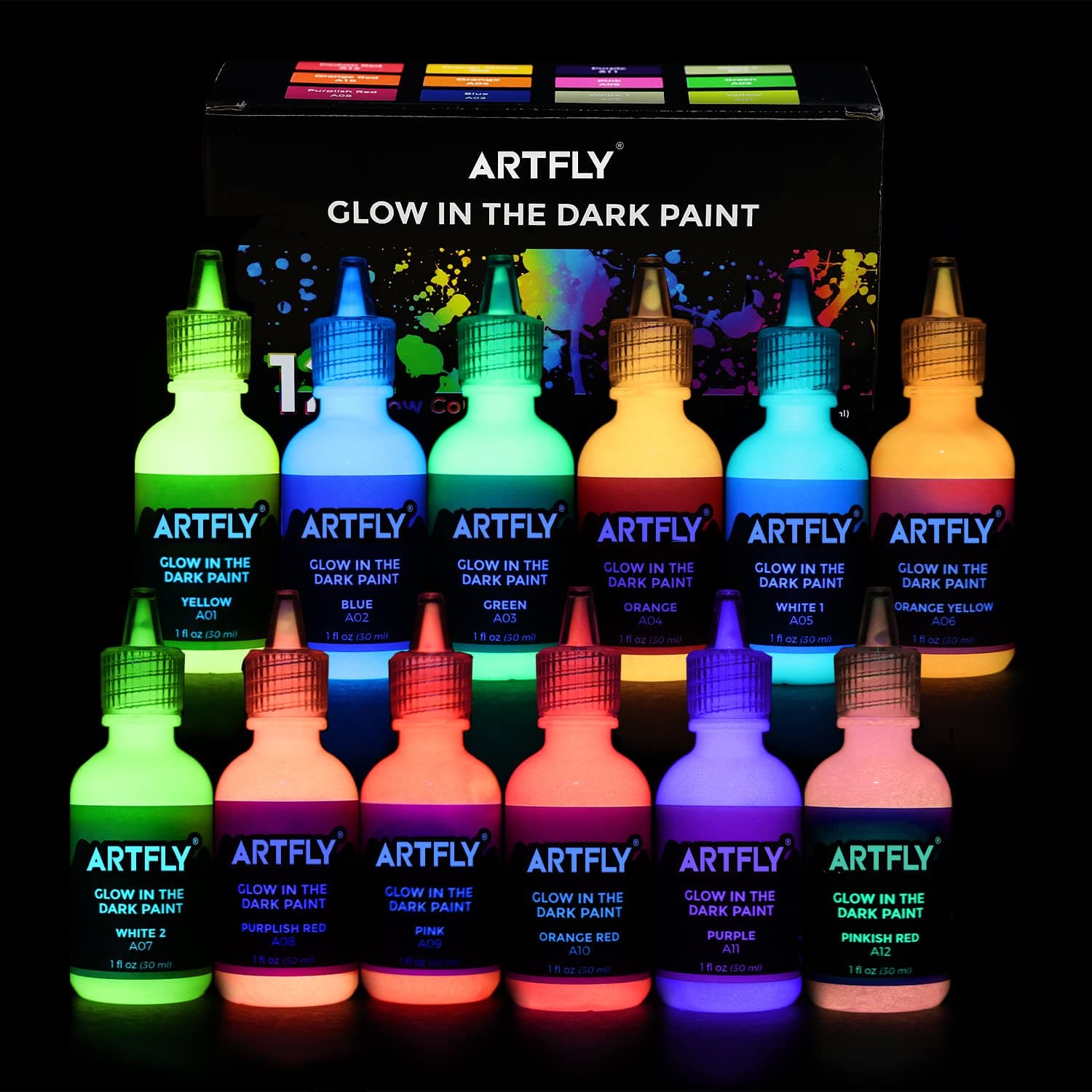 ARTFLY Nachtleuchtende Farben - Fluoreszierende Leuchtfarbset mit 12 leuchtenden Farben á 30ml/1oz