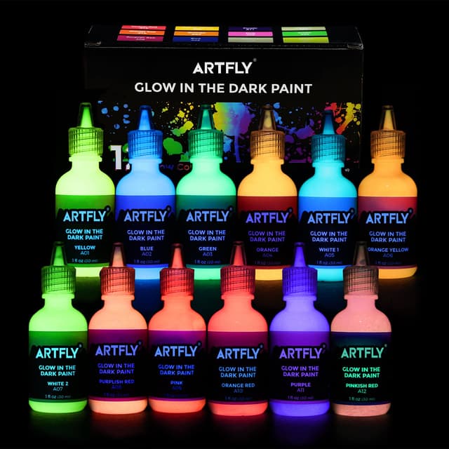 ARTFLY Nachtleuchtende Farben - Fluoreszierende Leuchtfarbset mit 12 leuchtenden Farben á 30ml/1oz