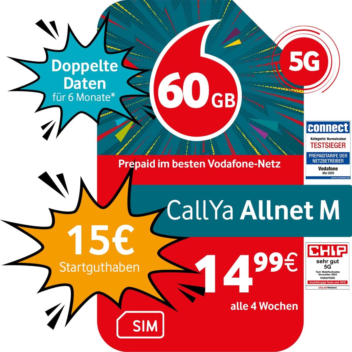 📱🌍 Vodafone Prepaid CallYa M | 60 GB | 15 EUR Startguthaben | 5 GB gratis im Roaming-Special | ohne Vertrag | 5G-Netz | Telefon- SMS-Flat | EU-Roaming 1 Monat
