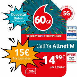 📱🌍 Vodafone Prepaid CallYa M | 60 GB | 15 EUR Startguthaben | 5 GB gratis im Roaming-Special | ohne Vertrag | 5G-Netz | Telefon- SMS-Flat | EU-Roaming 1 Monat